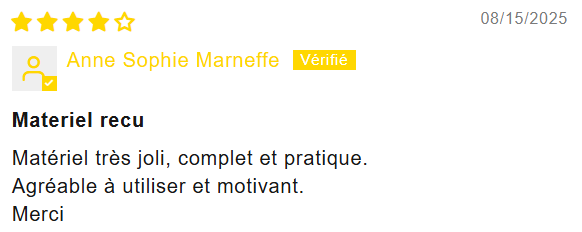 Avis de Anne Sophie Marneffe - 4 étoiles - Matériel complet et pratique